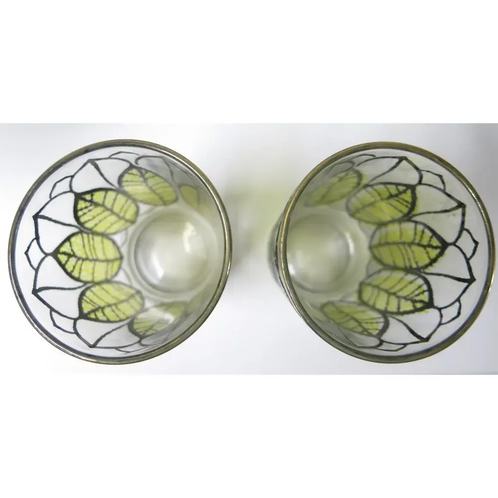 Vintage Continental Can Co Glasses Set 4 Stained Glass Leaf Gold Rim Retro